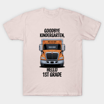 "Kids' pink t-shirt with school bus design, 'Goodbye Kindergarten, Hello 1st Grade' text, cotton, casual wear"