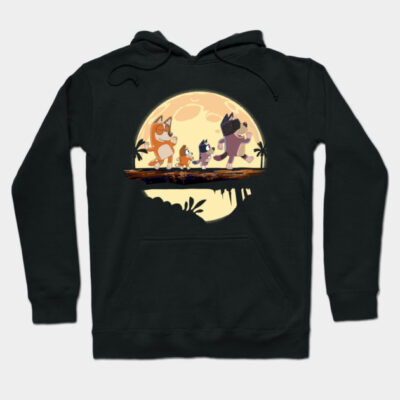 Black hoodie with colorful cartoon design, featuring animals walking in a jungle scene, made from soft cotton blend.