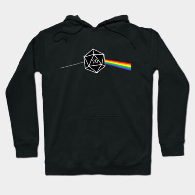 Black hoodie with colorful prism design, featuring a 20-sided dice motif. Casual style, perfect for gaming enthusiasts.