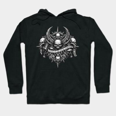 Black hoodie with intricate skull and weapon design, gothic style, ideal for casual wear, made from soft cotton blend.