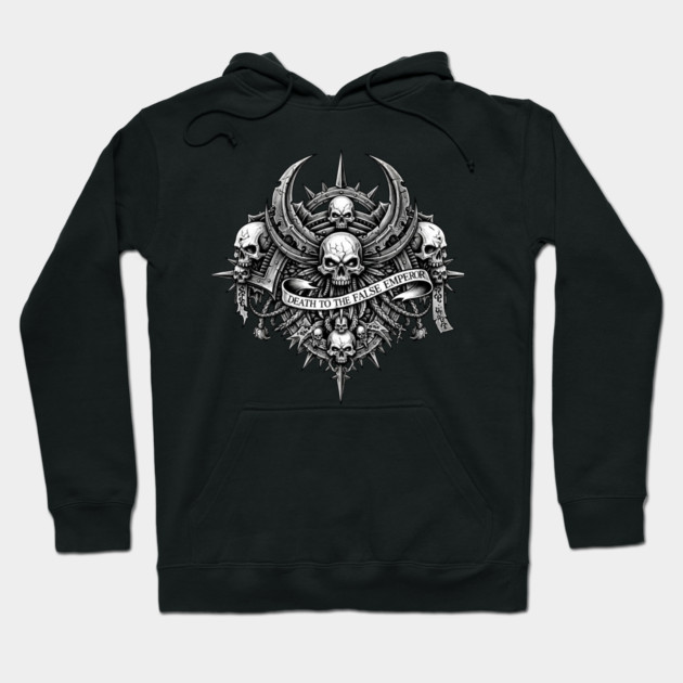 Black hoodie with intricate skull and weapon design, gothic style, ideal for casual wear, made from soft cotton blend.