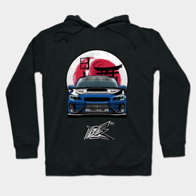 Black hoodie with blue car graphic, red sun, and Japanese gate design. Casual style, cotton blend, unisex.