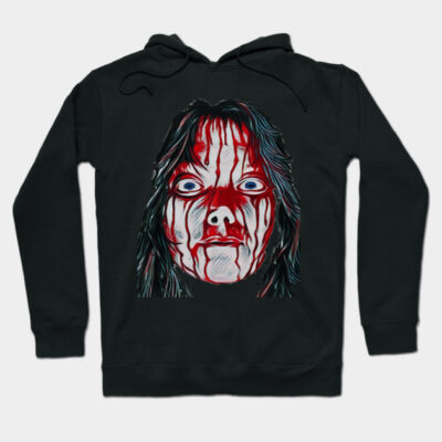 Black hoodie with horror-themed graphic, featuring bold red and white design. Perfect for casual wear and spooky style.