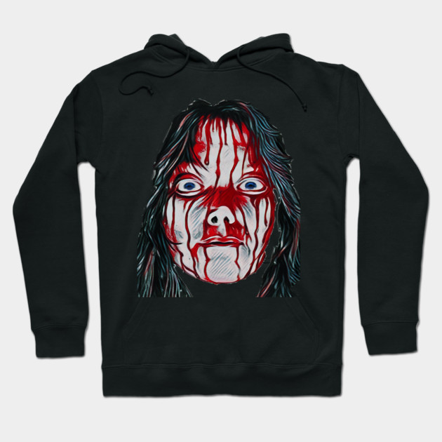 Black hoodie with horror-themed graphic, featuring bold red and white design. Perfect for casual wear and spooky style.