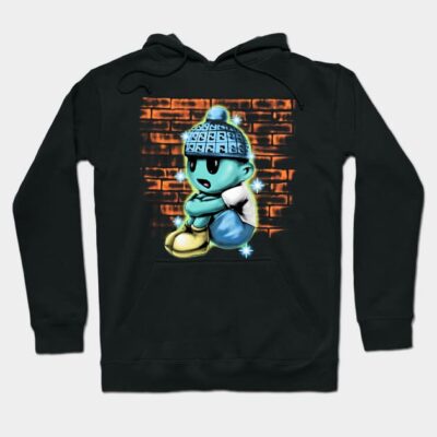Black hoodie with colorful cartoon character design, featuring a graffiti-style background. Casual and trendy streetwear.