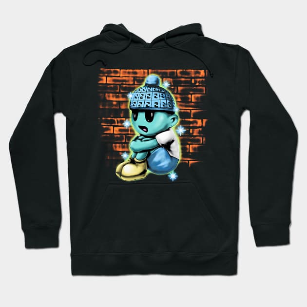 Black hoodie with colorful cartoon character design, featuring a graffiti-style background. Casual and trendy streetwear.