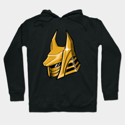 Black hoodie with yellow Anubis graphic, featuring a drawstring hood and front pocket, ideal for casual wear.