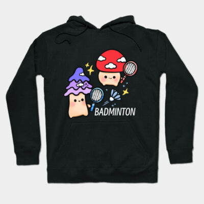 Black hoodie with cute cartoon mushrooms playing badminton, featuring colorful rackets and text design, casual wear.