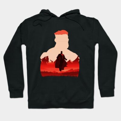 Black hoodie with red and beige silhouette graphic, featuring a warrior scene. Cotton blend, casual wear, unisex style.