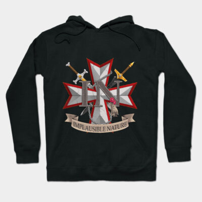 Black hoodie with "Implausible Nature" emblem, featuring crossed swords and a banner, made of soft cotton material.