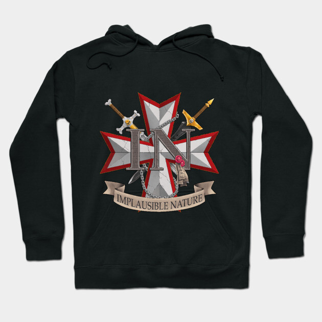 Black hoodie with "Implausible Nature" emblem, featuring crossed swords and a banner, made of soft cotton material.