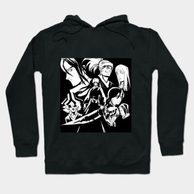 Black anime-themed hoodie featuring monochrome character design for casual wear. Cotton blend, unisex style.