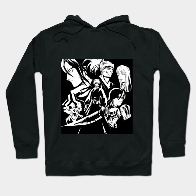 Black anime-themed hoodie featuring monochrome character design for casual wear. Cotton blend, unisex style.