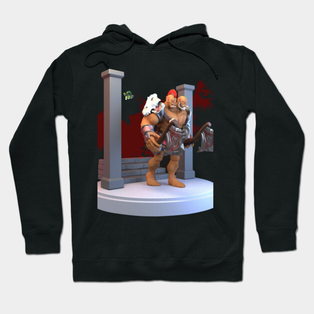 Black hoodie with fantasy warrior print, featuring red and brown tones, ideal for casual wear and fans of gaming art.