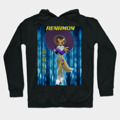 Black Renamon hoodie featuring vibrant anime design, perfect for casual wear, made from soft, comfortable material.