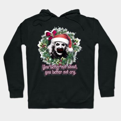 Black Christmas-themed hoodie with festive wreath and humorous text design, perfect for holiday wear.