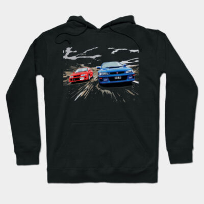 Black hoodie with a graphic of two racing cars, red and blue, on the front. Perfect for casual wear and car enthusiasts.