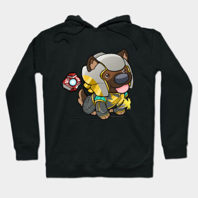 "Black hoodie with cute cartoon dog in armor design, ideal for casual wear, soft cotton blend, cozy and stylish."