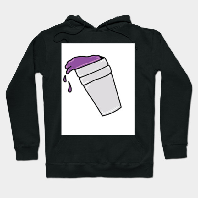 Black hoodie with graphic of a white cup spilling purple liquid, casual streetwear style, cotton material.