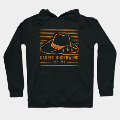Black hoodie with orange cowboy hat graphic, text design, front pocket, and drawstring hood, casual unisex style.