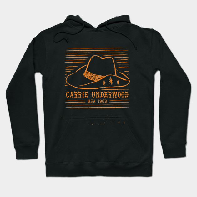 Black hoodie with orange cowboy hat graphic, text design, front pocket, and drawstring hood, casual unisex style.