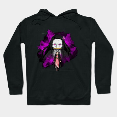 Black anime-themed hoodie with vibrant purple design, featuring a unique graphic. Perfect for casual wear and anime fans.