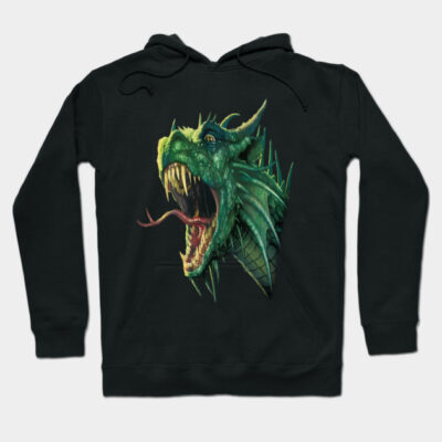 Black hoodie with green dragon graphic, unisex style, cotton blend, perfect for casual wear and fantasy lovers.
