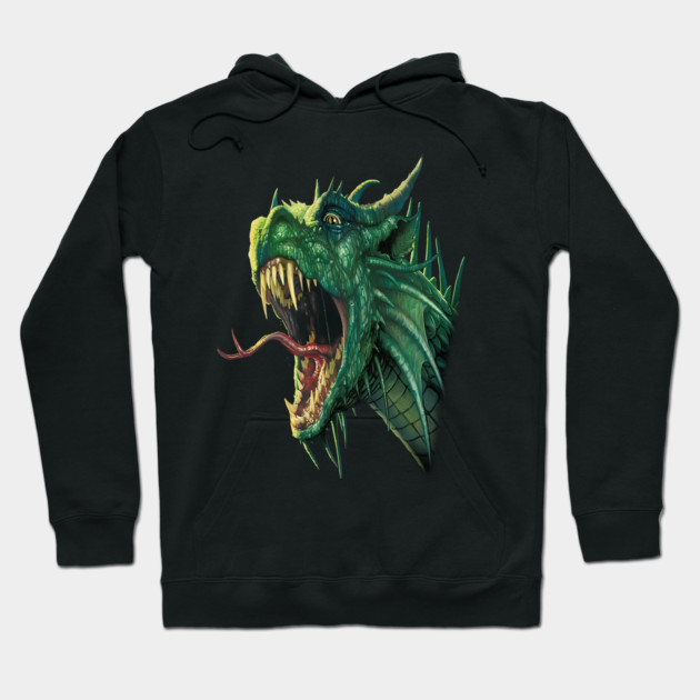 Black hoodie with green dragon graphic, unisex style, cotton blend, perfect for casual wear and fantasy lovers.