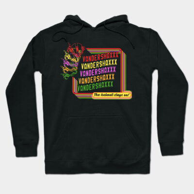 Black graphic hoodie with colorful text and abstract design, casual style, perfect for everyday wear, cotton blend material.