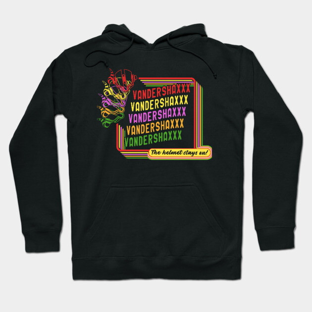 Black graphic hoodie with colorful text and abstract design, casual style, perfect for everyday wear, cotton blend material.