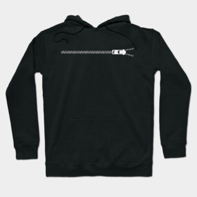 Black hoodie with white zipper graphic, casual style, cozy material, perfect for everyday wear.