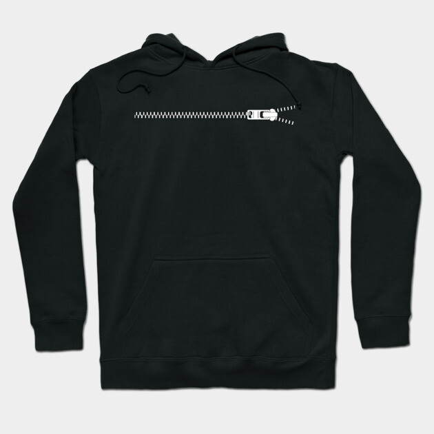 Black hoodie with white zipper graphic, casual style, cozy material, perfect for everyday wear.