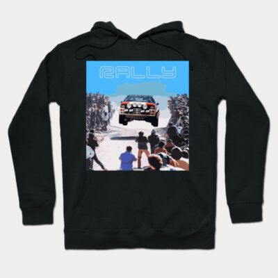 Black hoodie with rally car graphic design, featuring bold blue text. Ideal for casual wear and motorsport enthusiasts.