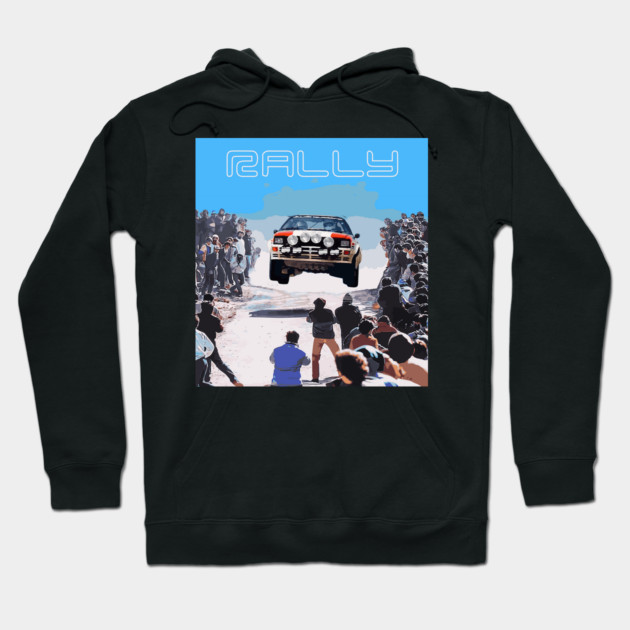 Black hoodie with rally car graphic design, featuring bold blue text. Ideal for casual wear and motorsport enthusiasts.
