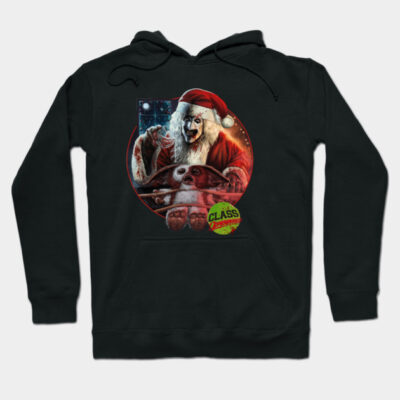 Black Christmas-themed hoodie with festive graphic design, perfect for holiday wear, made of soft cotton blend.