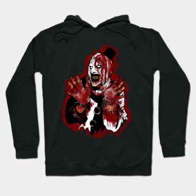 Black hoodie with horror-themed graphic, featuring a bloody clown design, cotton material, unisex casual wear.