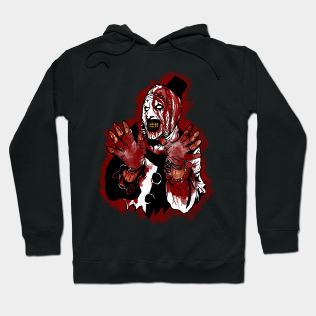 Black hoodie with horror-themed graphic, featuring a bloody clown design, cotton material, unisex casual wear.