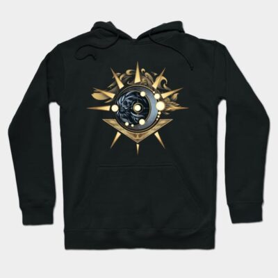 Black hoodie with gold and black abstract design, featuring a central circular pattern. Cotton blend, casual wear.