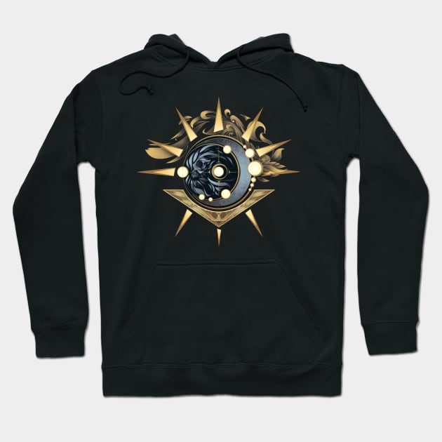 Black hoodie with gold and black abstract design, featuring a central circular pattern. Cotton blend, casual wear.