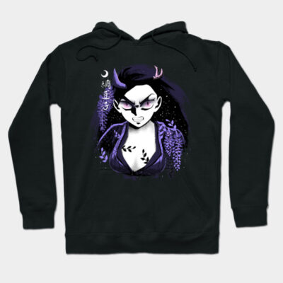Black hoodie with anime-inspired design, featuring purple accents and artistic graphic. Perfect for casual wear.