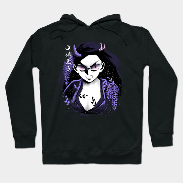 Black hoodie with anime-inspired design, featuring purple accents and artistic graphic. Perfect for casual wear.