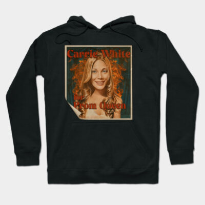 Black hoodie with vintage-style graphic design, featuring "Carrie White for Prom Queen" text, casual wear.