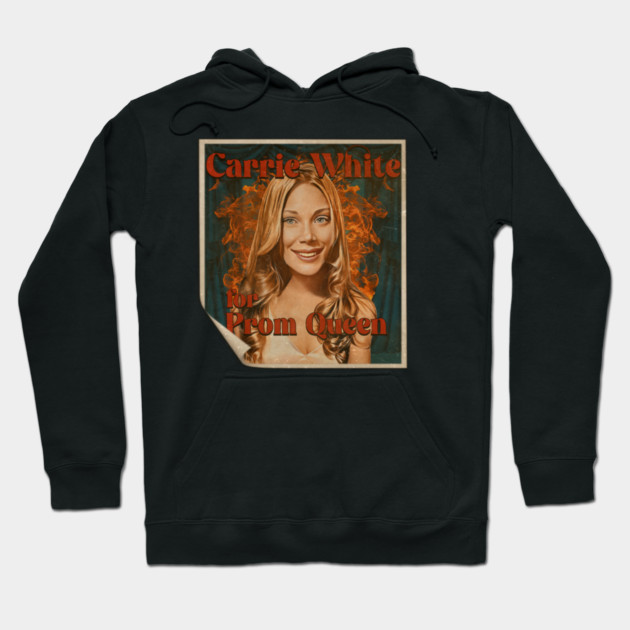 Black hoodie with vintage-style graphic design, featuring "Carrie White for Prom Queen" text, casual wear.