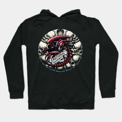 Black hoodie with a bold red and white dragon design, featuring intricate detailing. Perfect for casual wear.