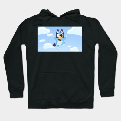 Black hoodie with cartoon dog graphic, featuring clouds and blue sky background, cozy casual wear for all ages.