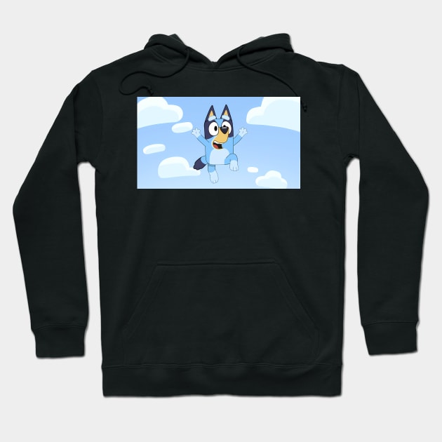 Black hoodie with cartoon dog graphic, featuring clouds and blue sky background, cozy casual wear for all ages.