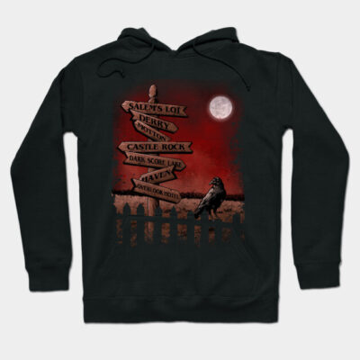 Black hoodie with spooky signpost design, featuring moonlit background and crow. Ideal for Halloween or casual wear.