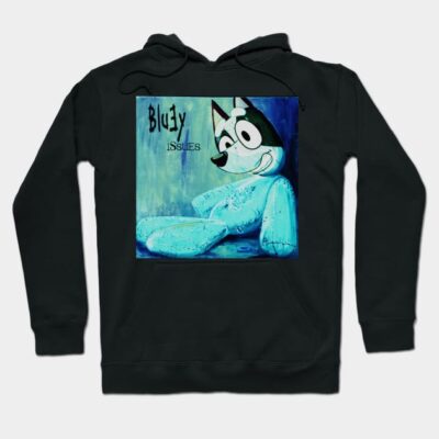 Black hoodie featuring a playful blue cartoon character design, perfect for casual wear, made from soft cotton blend.