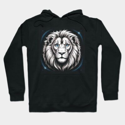 Mystical White Lion with Blue Eyes in Space Hoodie by achraf_zamla