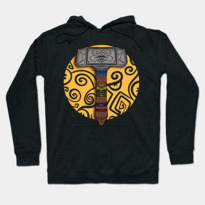 Black hoodie with colorful hammer design on front, featuring intricate patterns and vibrant colors. Perfect for casual wear.